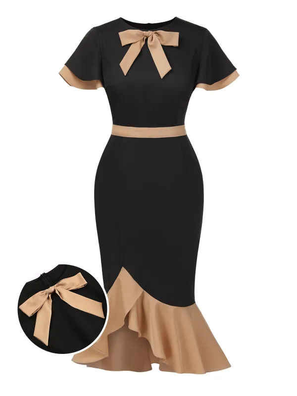 1930s Contrast Bow Tie Ruffle Hem Mermaid Dress sold by Retro Stage