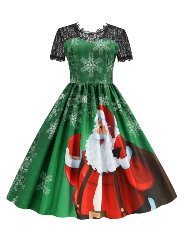 Green 1950s Christmas Santa Claus Lace Patchwork Dress sold by Retro Stage