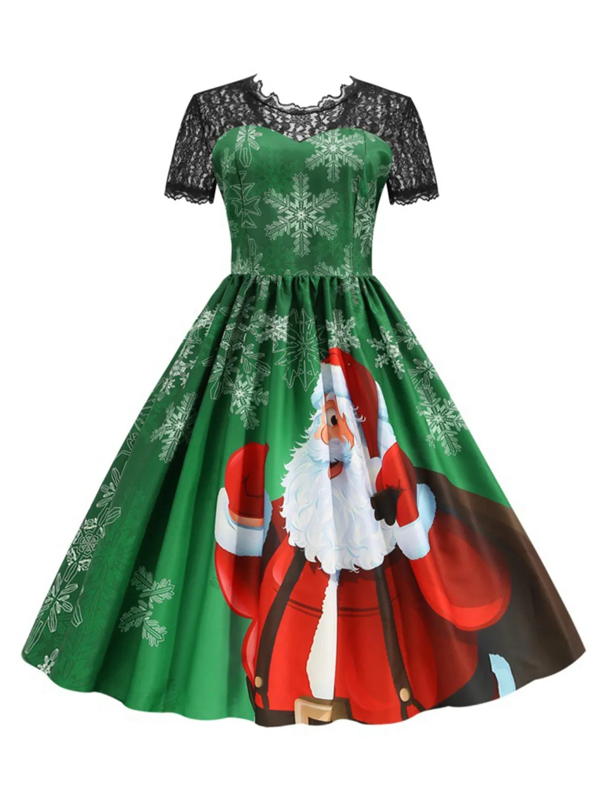 Green 1950s Christmas Santa Claus Lace Patchwork Dress sold by Retro Stage