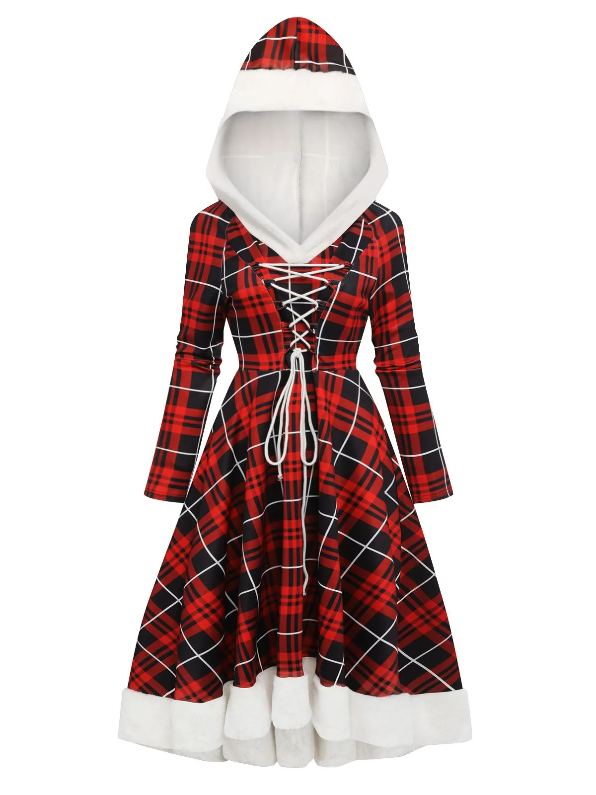 Red 1950s Plaid Lace-up Hooded Dress sold by Retro Stage product image thumbnail 2
