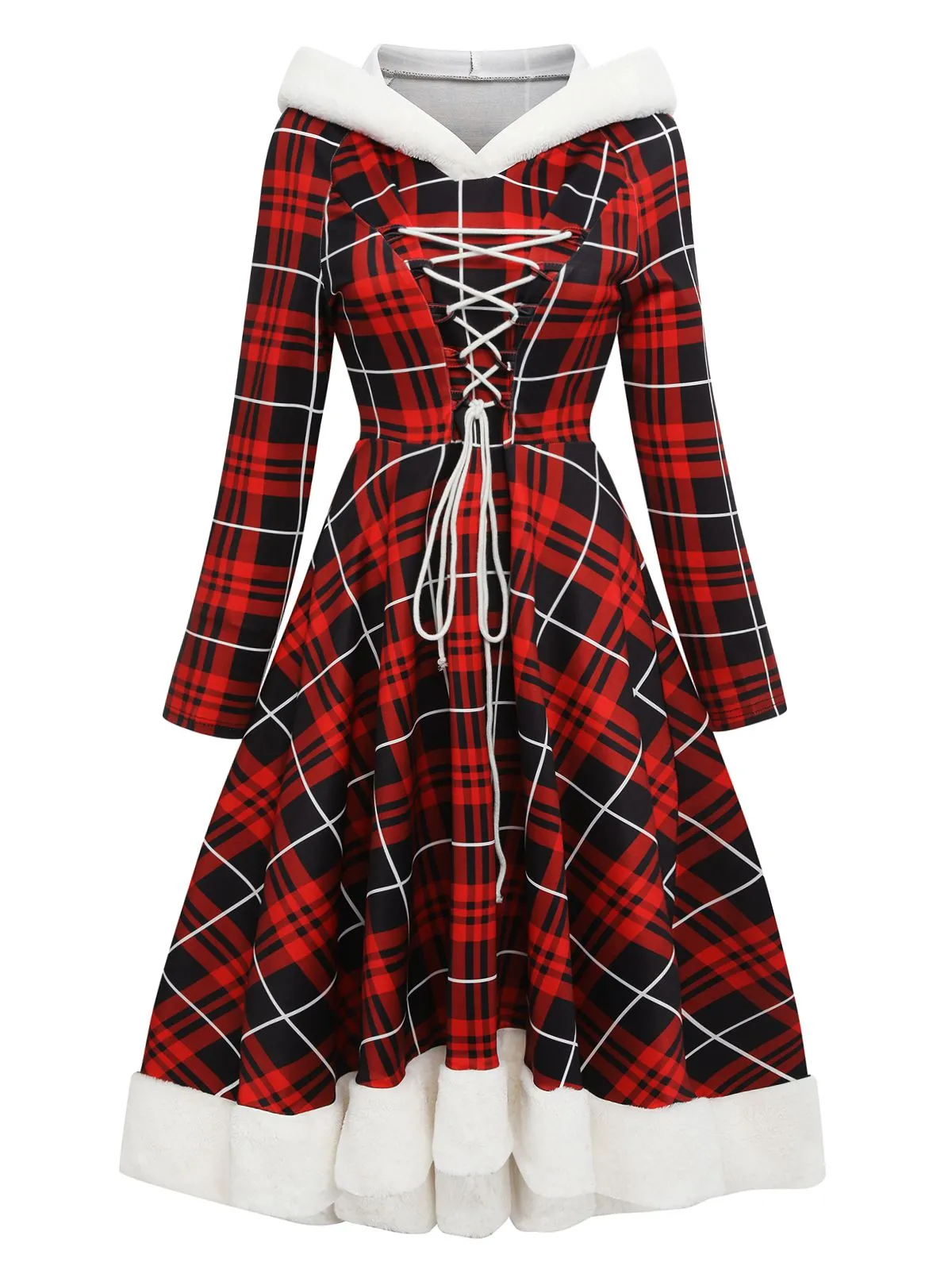 Red 1950s Plaid Lace-up Hooded Dress sold by Retro Stage product image thumbnail 3