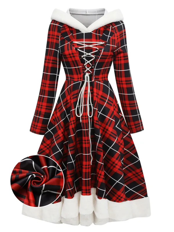 Red 1950s Plaid Lace-up Hooded Dress sold by Retro Stage