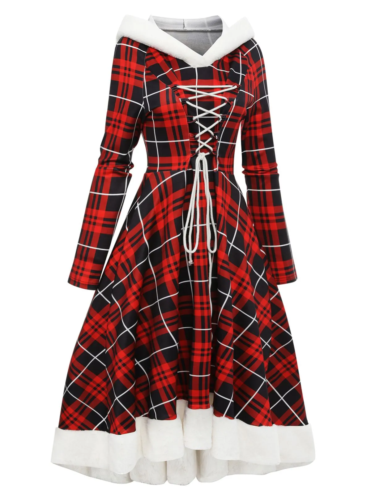 Red 1950s Plaid Lace-up Hooded Dress sold by Retro Stage product image thumbnail 5