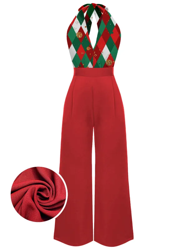 Red 1930s Christmas Plaid Lace Patchwork Jumpsuit sold by Retro Stage