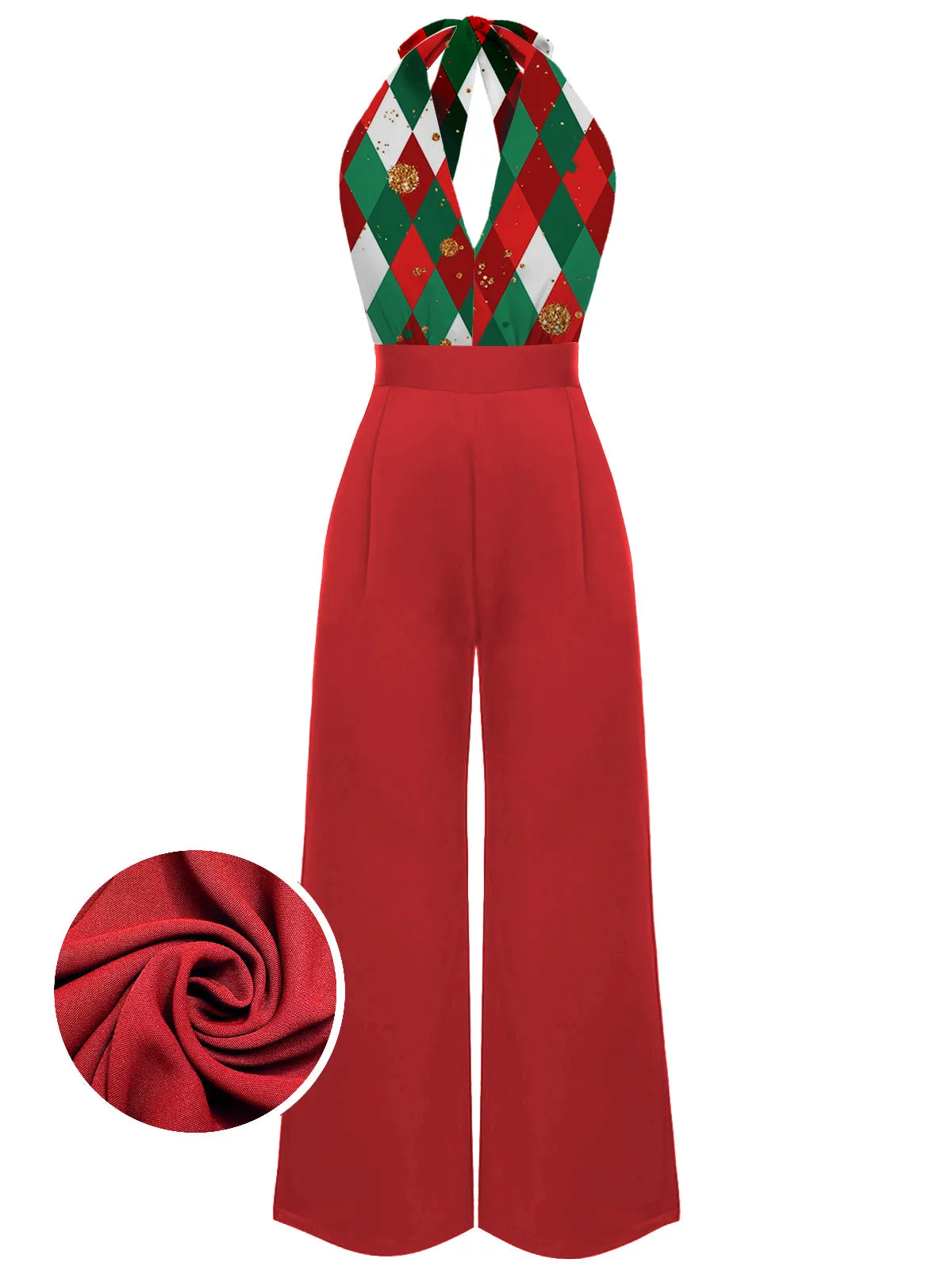 Red 1930s Christmas Plaid Lace Patchwork Jumpsuit sold by Retro Stage
