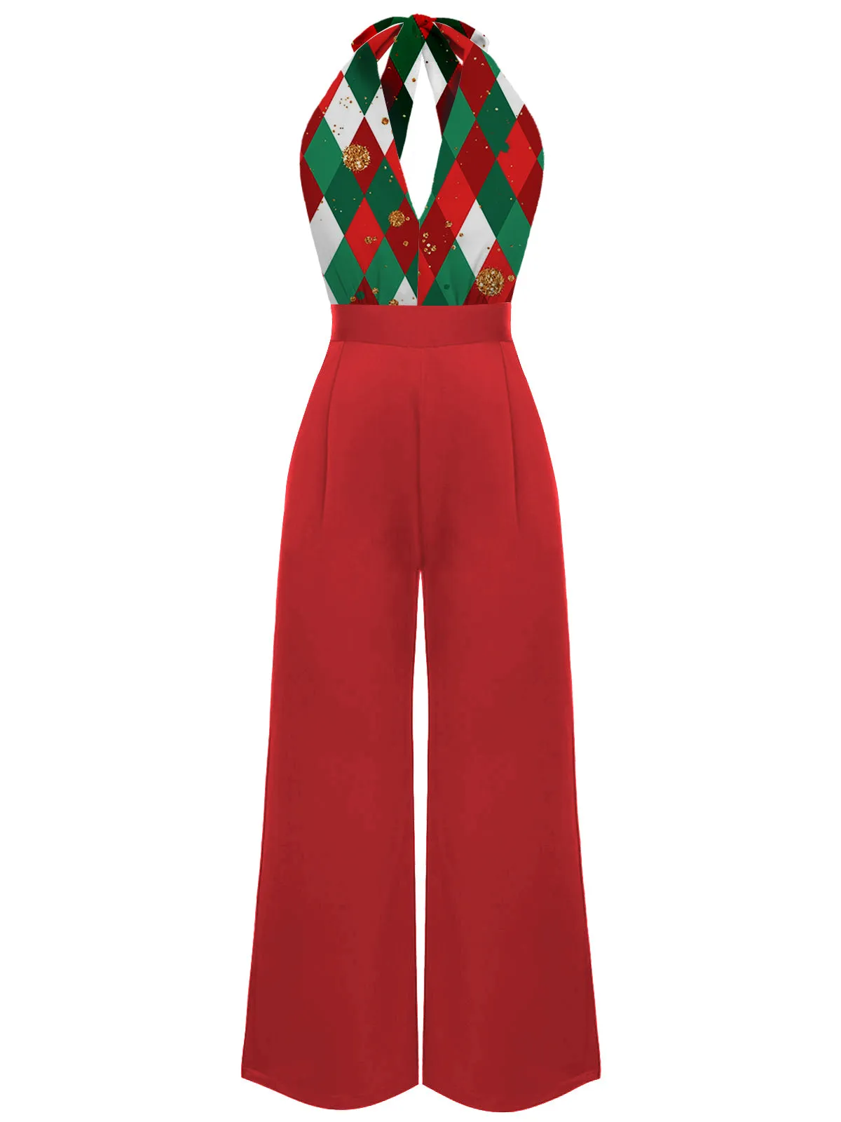 Red 1930s Christmas Plaid Lace Patchwork Jumpsuit sold by Retro Stage product image thumbnail 2