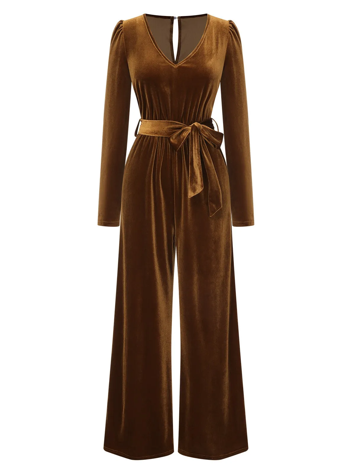 Dark Brown 1930s Solid V-Neck Velvet Jumpsuit sold by Retro Stage product image thumbnail 2