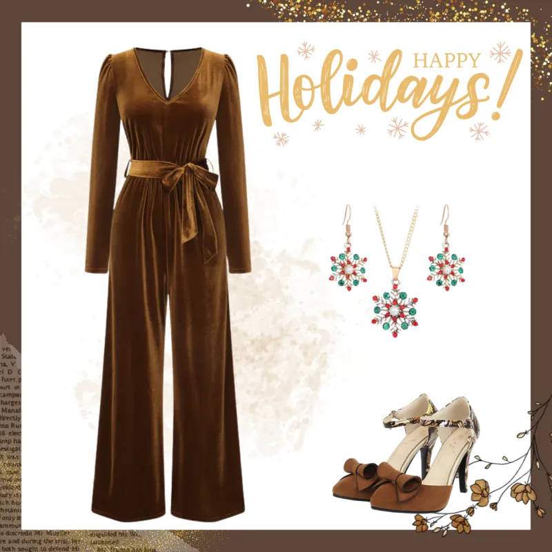 Dark Brown 1930s Solid V-Neck Velvet Jumpsuit sold by Retro Stage