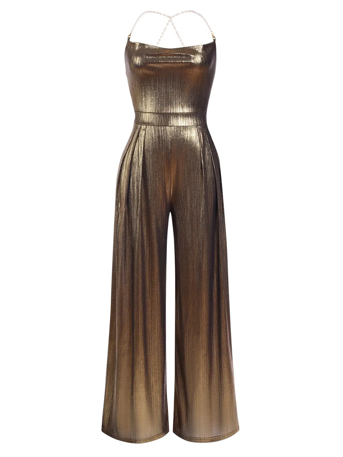 Metallic Gold 1980s Cowl Neck Spaghetti Strap Jumpsuit sold by Retro Stage product image thumbnail 2