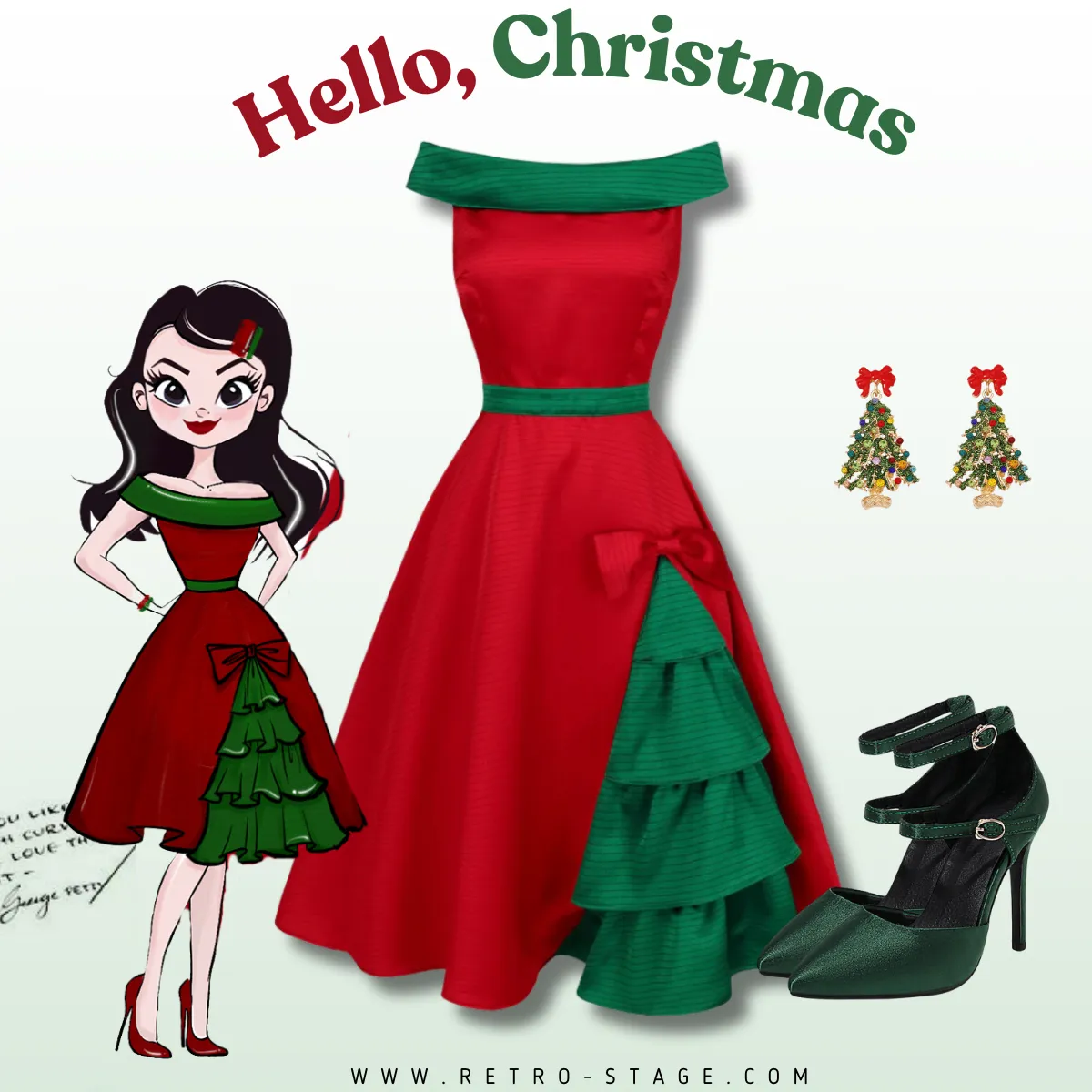 Red & Green 1950s Chrismtas Tree Off-Shoulder Dress sold by Retro Stage