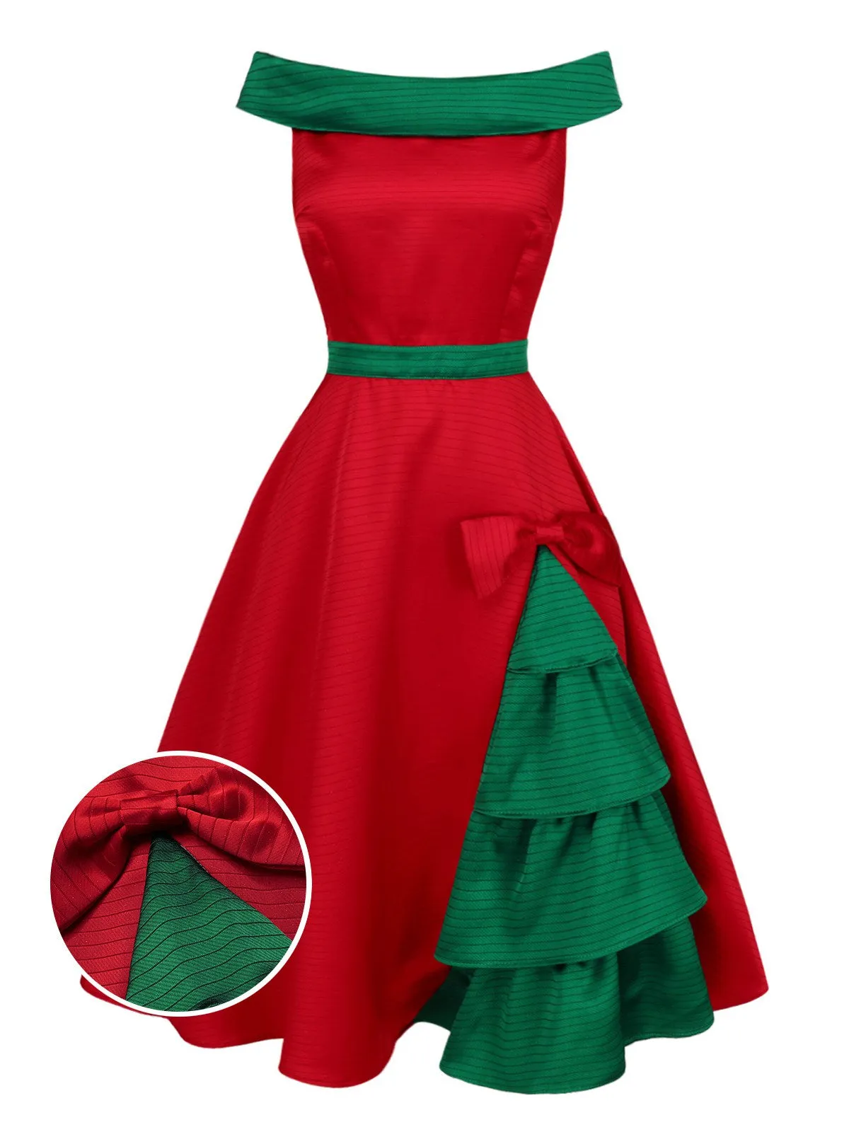 Red & Green 1950s Chrismtas Tree Off-Shoulder Dress sold by Retro Stage product image thumbnail 3