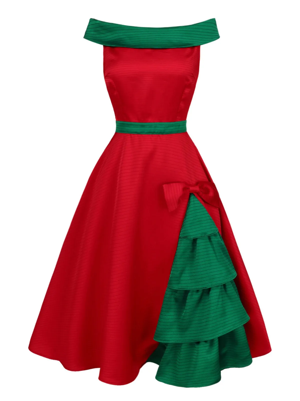 Red & Green 1950s Chrismtas Tree Off-Shoulder Dress sold by Retro Stage product image thumbnail 4