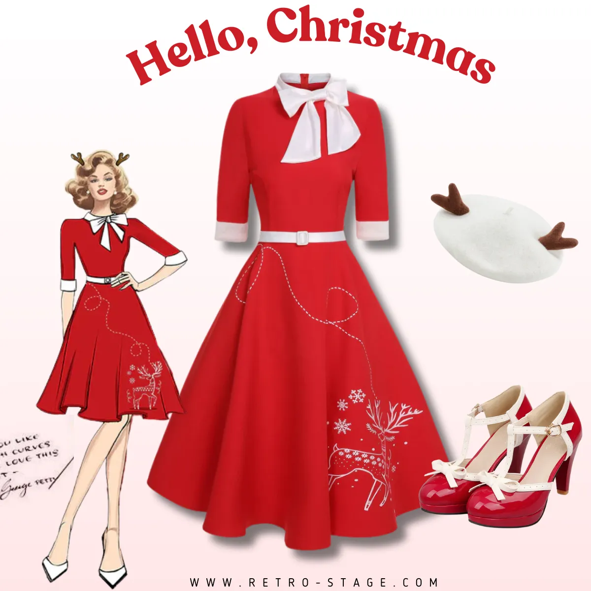 Red 1950s Elk Bow Patchwork Belt Dress sold by Retro Stage