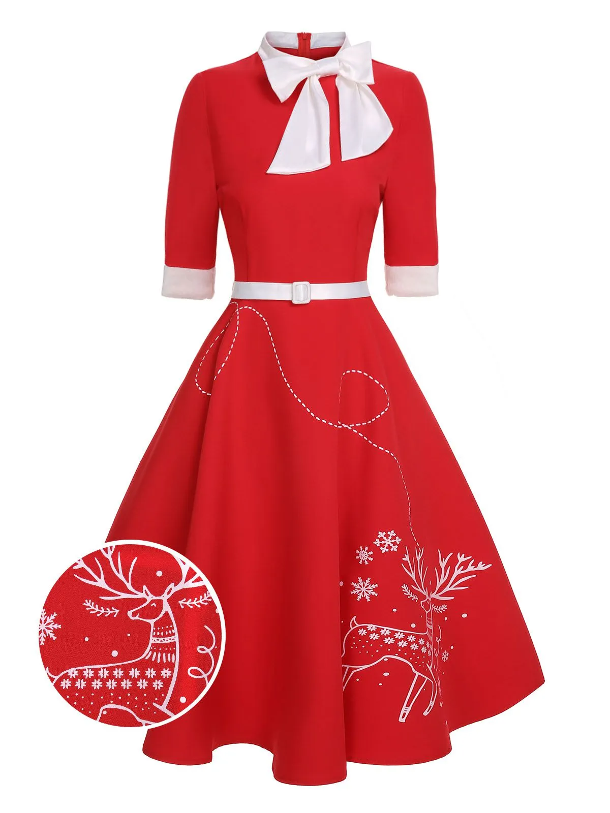 Red 1950s Elk Bow Patchwork Belt Dress sold by Retro Stage product image thumbnail 3