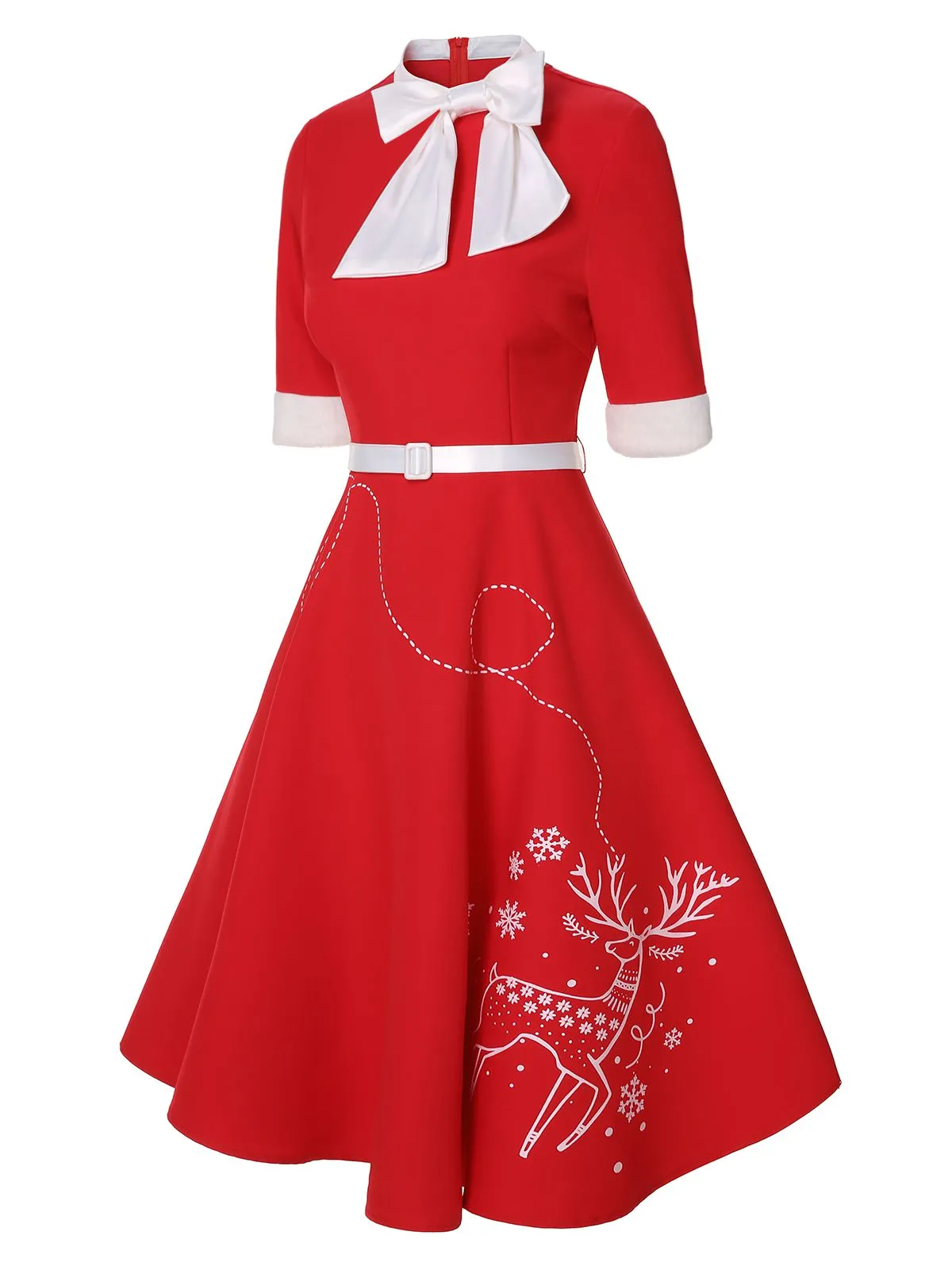 Red 1950s Elk Bow Patchwork Belt Dress sold by Retro Stage product image thumbnail 5