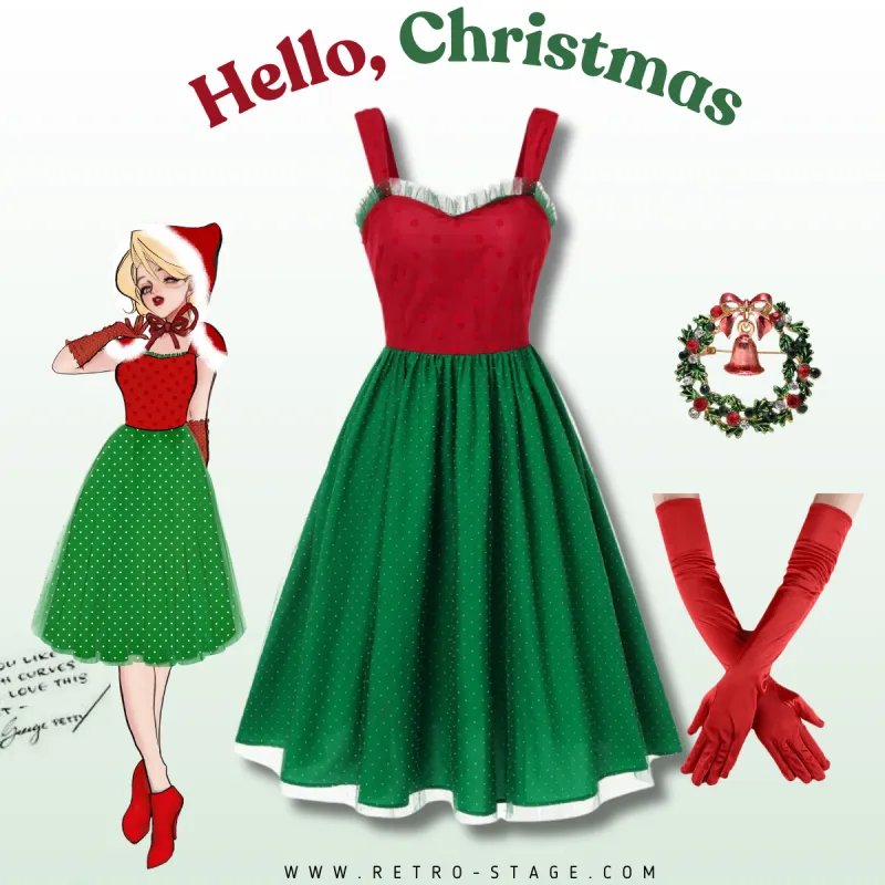 Red & Green 1950s Christmas Polka Dots Dress sold by Retro Stage