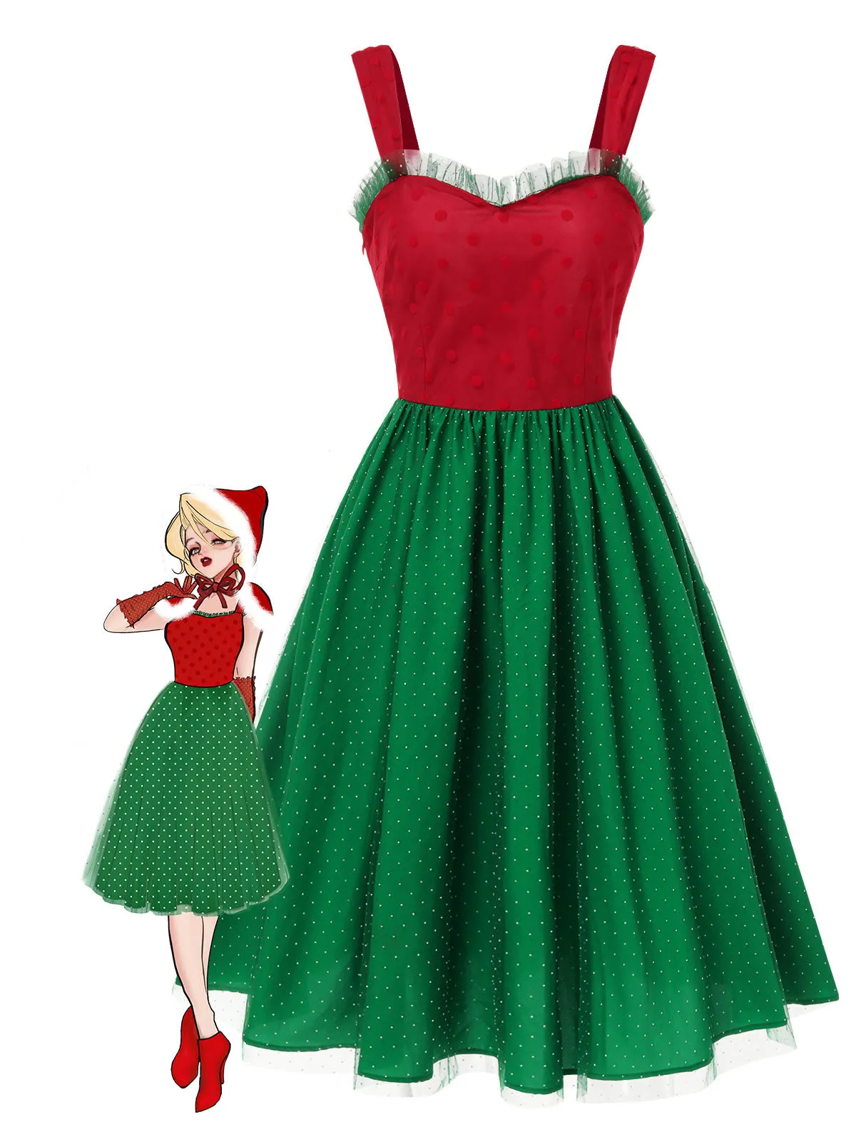 Red & Green 1950s Christmas Polka Dots Dress sold by Retro Stage product image thumbnail 2