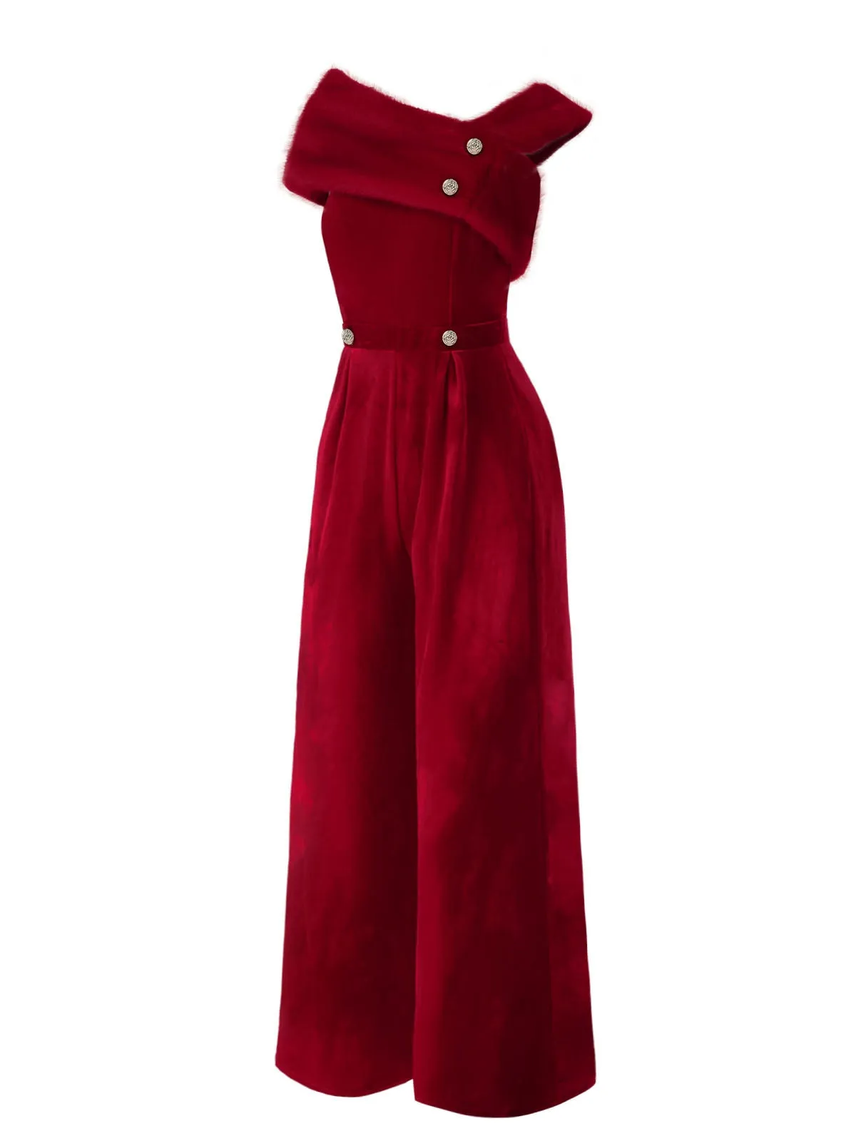 Red 1950s Velvet Off Shoulder Button Jumpsuit sold by Retro Stage product image thumbnail 5
