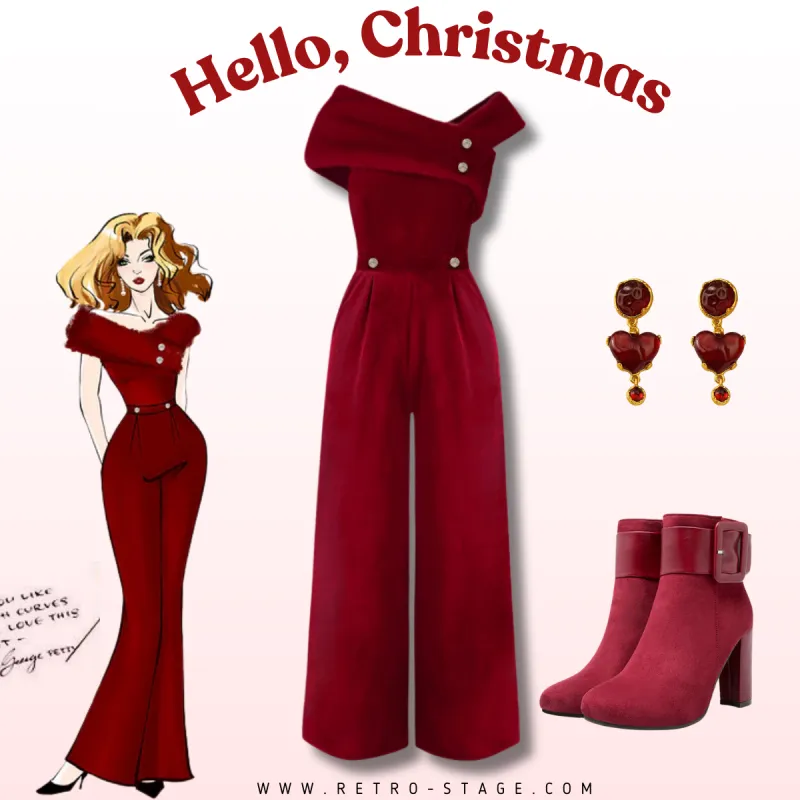 Red 1950s Velvet Off Shoulder Button Jumpsuit sold by Retro Stage