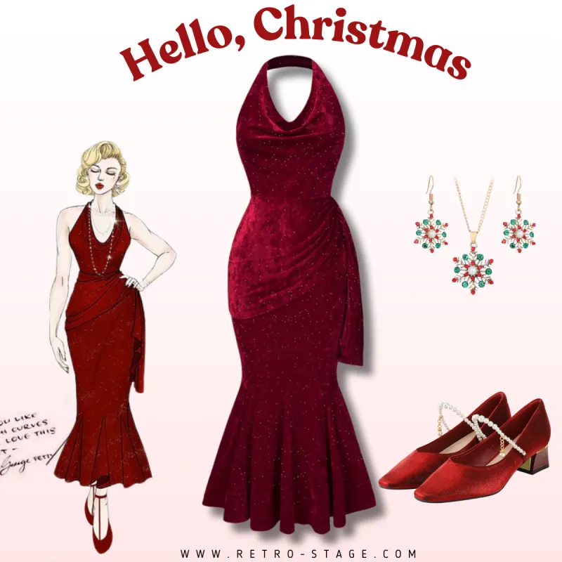 Deep Red 1930s Glitter Cowl Neck Mermaid Dress sold by Retro Stage