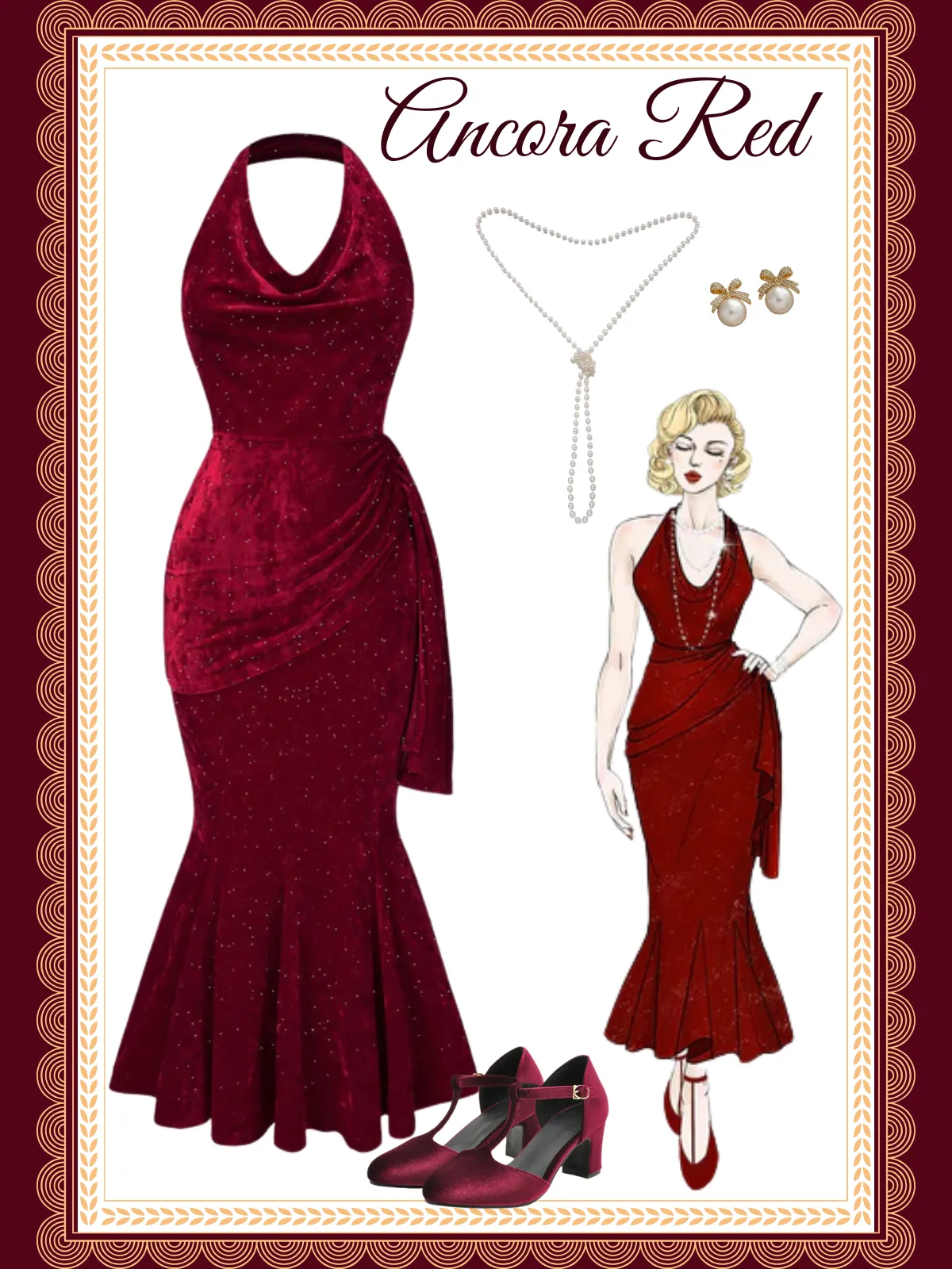 Deep Red 1930s Glitter Cowl Neck Mermaid Dress sold by Retro Stage