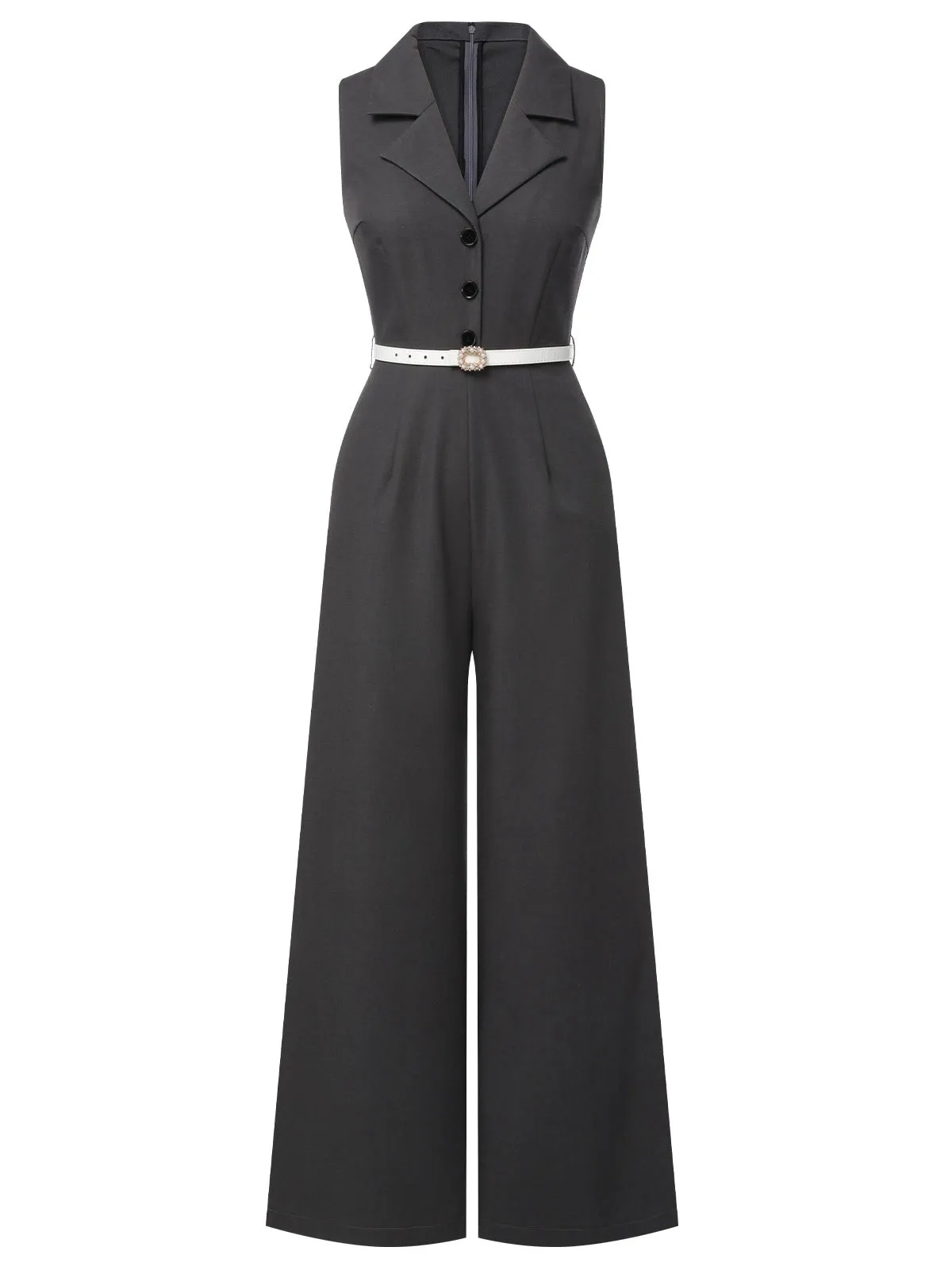 Gray 1940s V-Neck Lapel Lace-Patchwork Jumpsuit sold by Retro Stage product image thumbnail 3