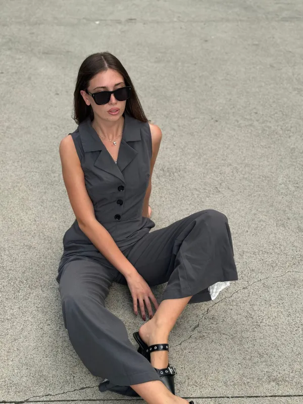 Gray 1940s V-Neck Lapel Lace-Patchwork Jumpsuit sold by Retro Stage