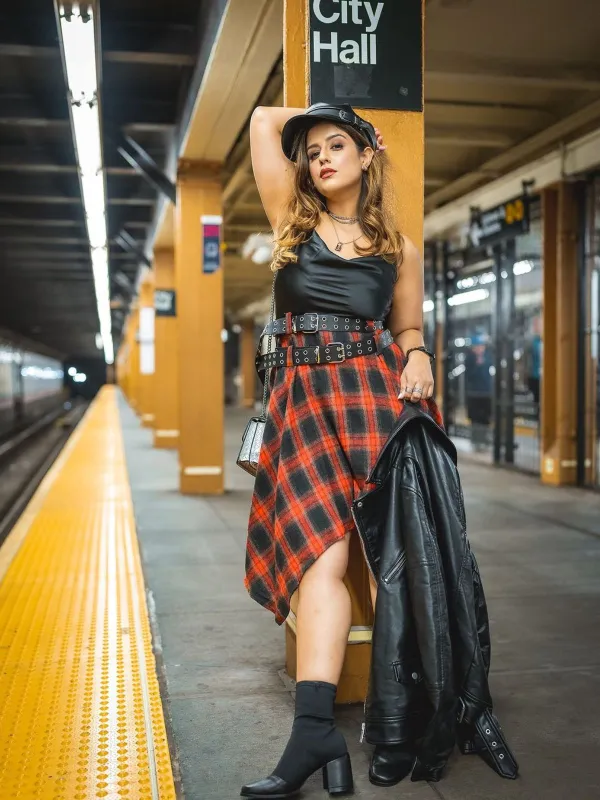 Black 1970s Plaid Cowl Neck Dress sold by Retro Stage