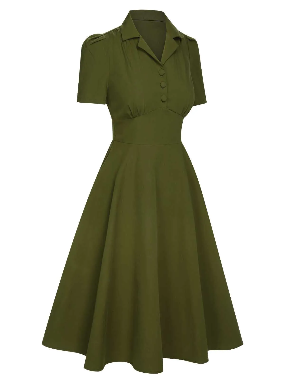 Green 1940s Lapel Buttoned Solid Dress sold by Retro Stage product image thumbnail 4
