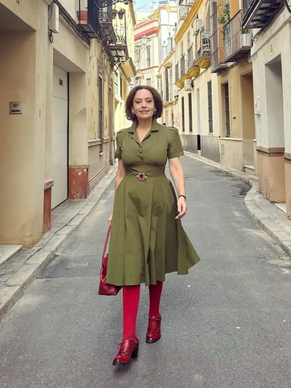 Green 1940s Lapel Buttoned Solid Dress sold by Retro Stage