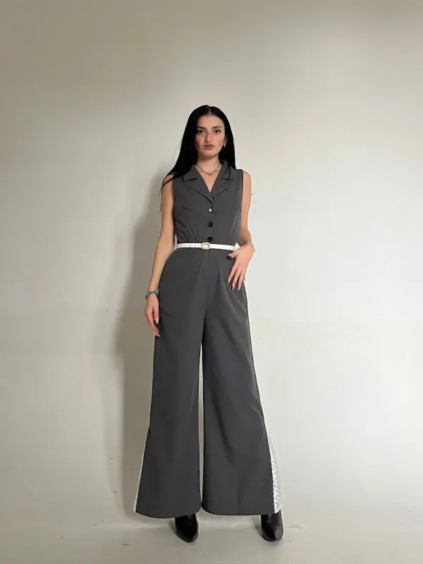 Gray 1940s V-Neck Lapel Lace-Patchwork Jumpsuit sold by Retro Stage