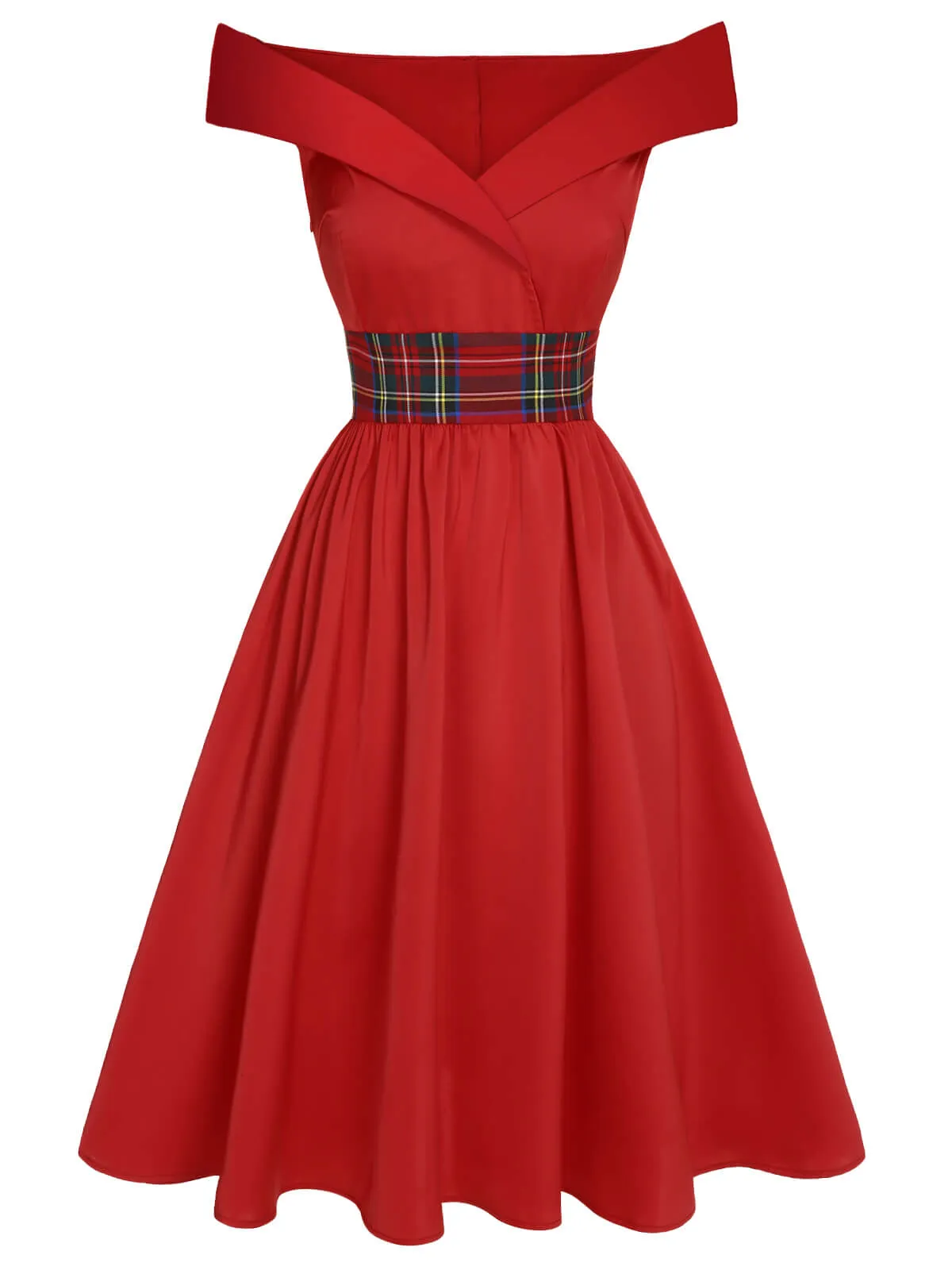 Red 1950s Christmas Plaids Off-Shoulder Dress sold by Retro Stage product image thumbnail 3
