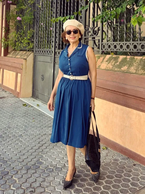 1960s Navy Blue Sleeveless Lapel Dress sold by Retro Stage