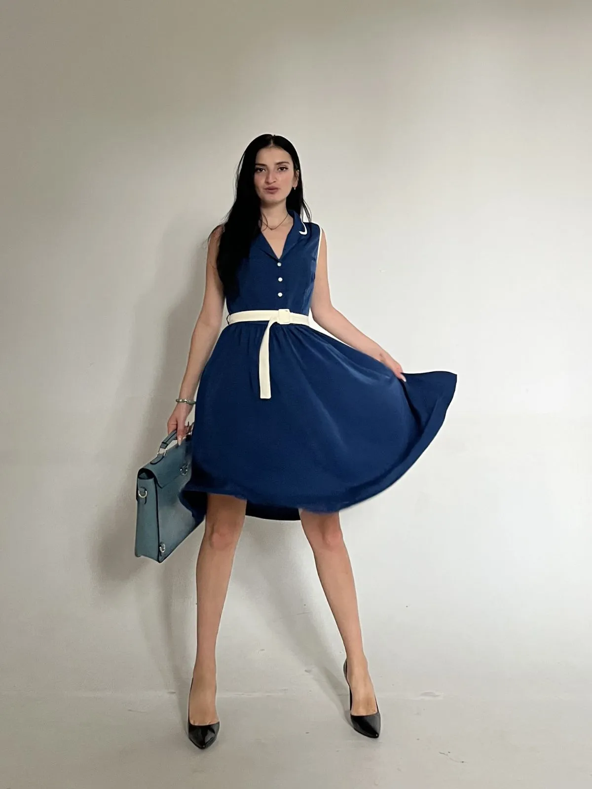 1960s Navy Blue Sleeveless Lapel Dress sold by Retro Stage product image thumbnail 2