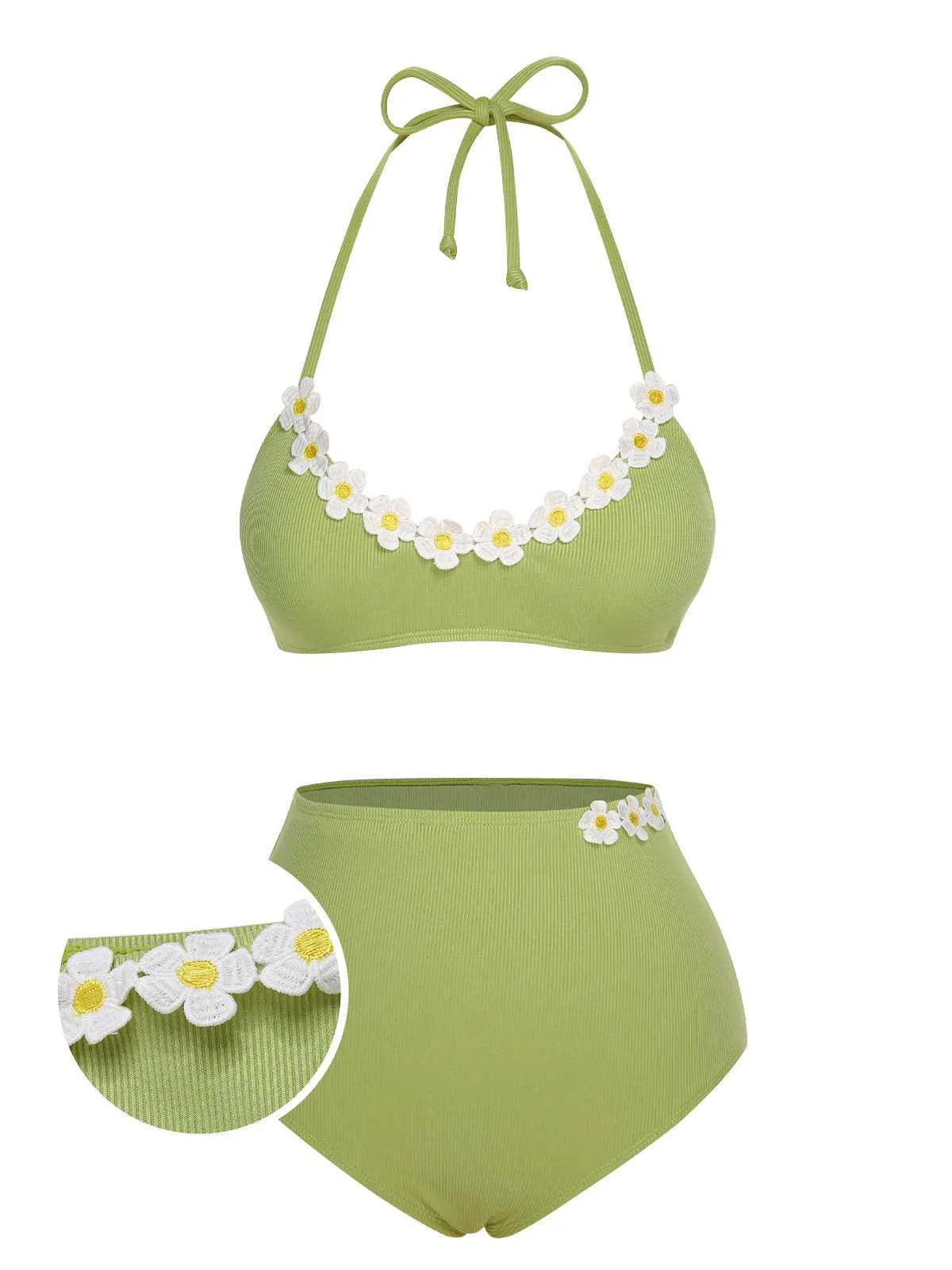 Light Green 1960s Halter Knit Daisy Swimsuit sold by Retro Stage product image thumbnail 4