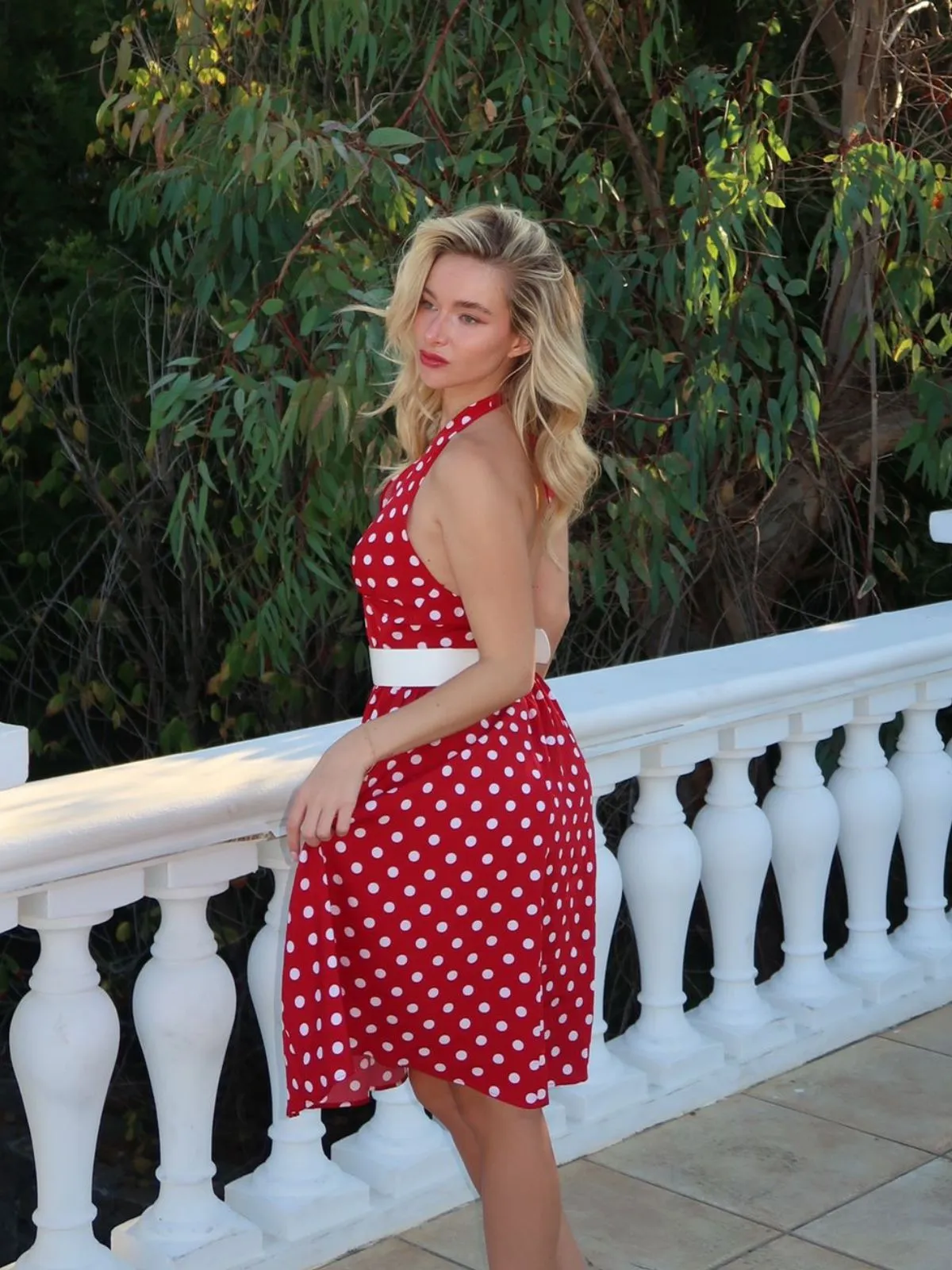 Red 1950s Polka Dot Halter Dress sold by Retro Stage product image thumbnail 2