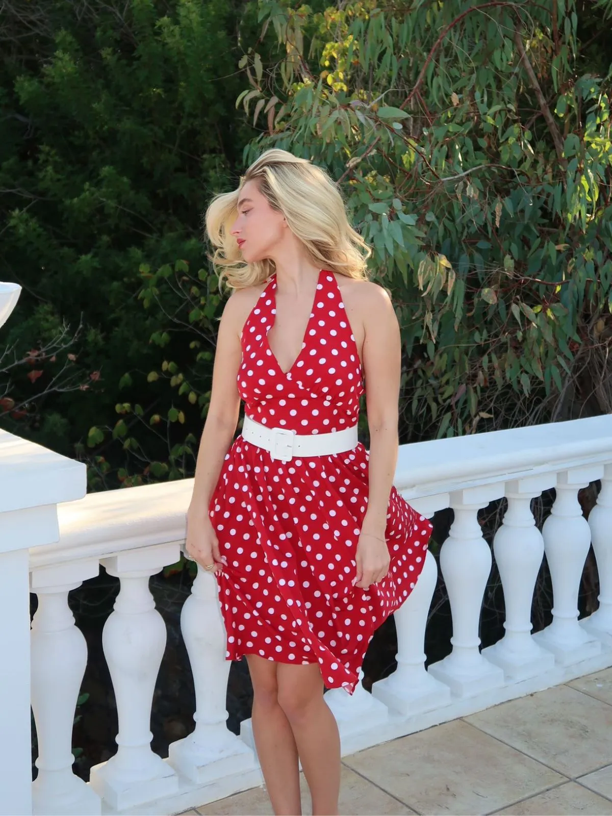 Red 1950s Polka Dot Halter Dress sold by Retro Stage product image thumbnail 3