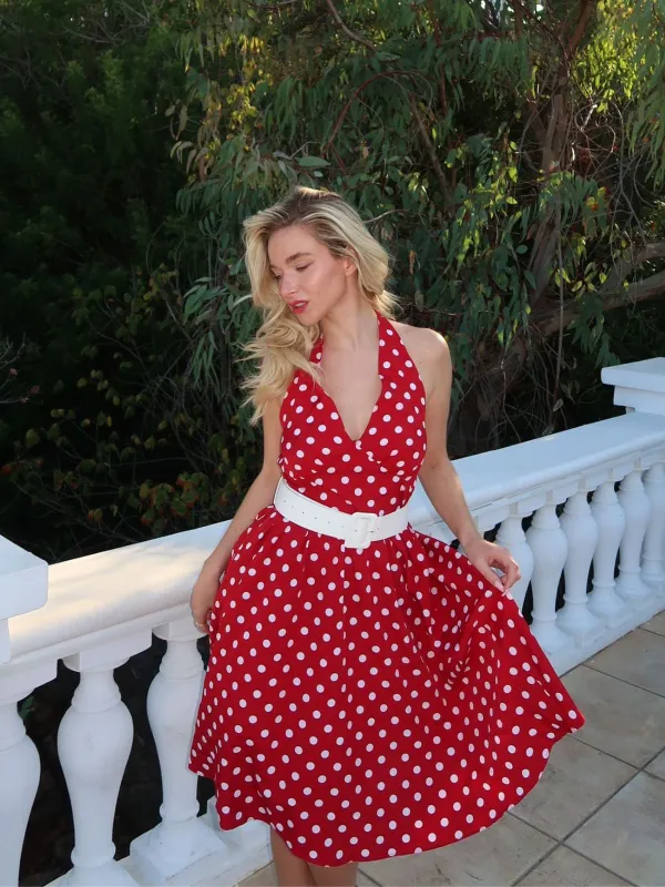 Red 1950s Polka Dot Halter Dress sold by Retro Stage