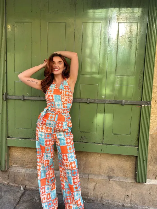 1960s Halter Colorblock Floral Sleeveless Jumpsuit sold by Retro Stage