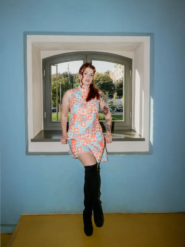 Orange & Blue 1960s Floral Stand Collar Dress sold by Retro Stage