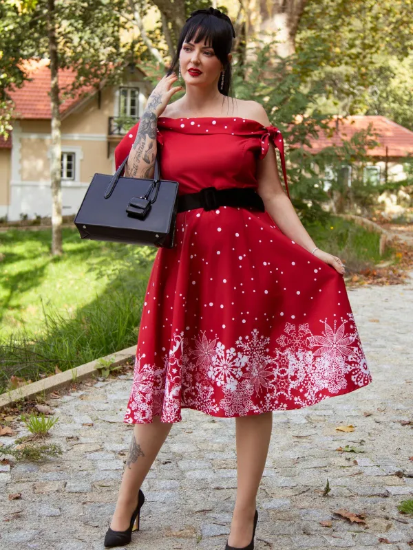 Red 1950s Off-shoulder Snowflake Dress sold by Retro Stage
