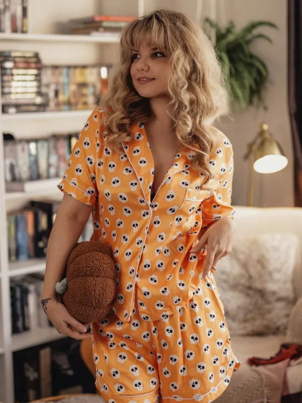Orange 1970s Halloween Cartoon Skull Pajamas sold by Retro Stage