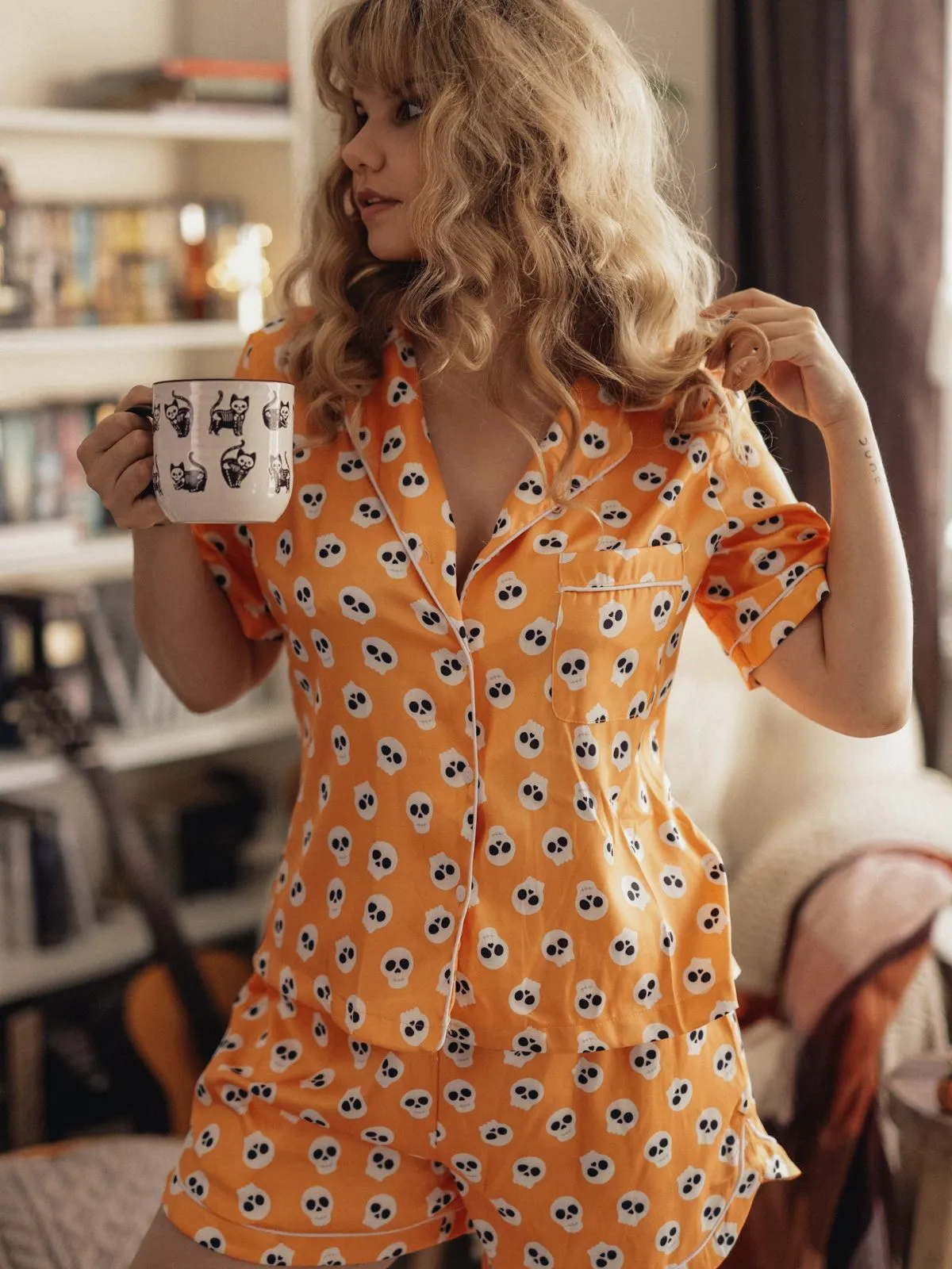 Orange 1970s Halloween Cartoon Skull Pajamas sold by Retro Stage product image thumbnail 3