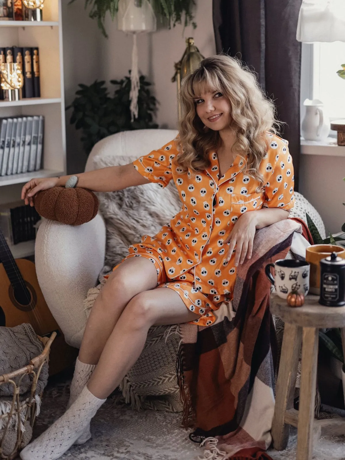 Orange 1970s Halloween Cartoon Skull Pajamas sold by Retro Stage product image thumbnail 2