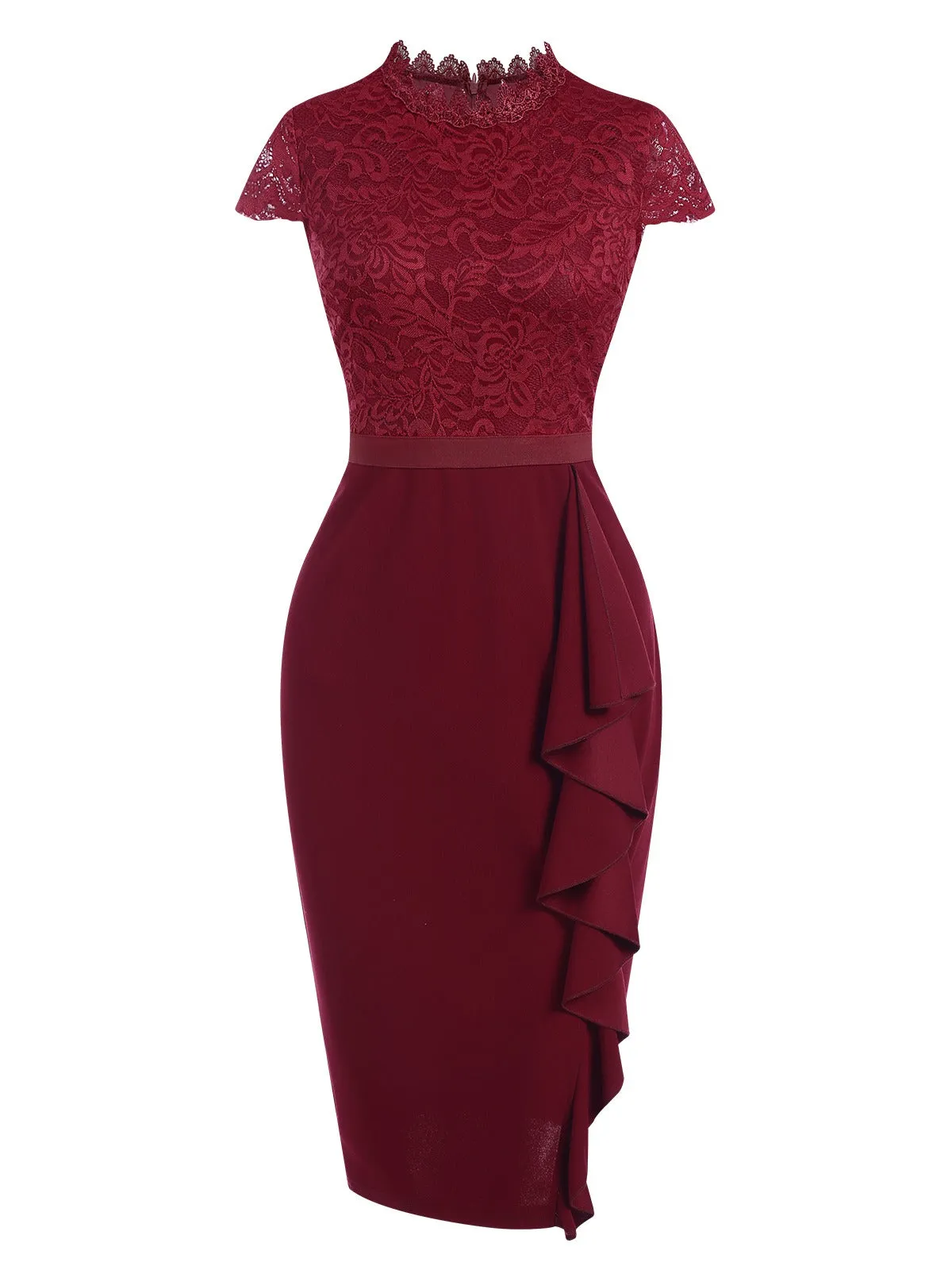 Wine Red 1960s Lace Patchwork Pencil Dress sold by Retro Stage