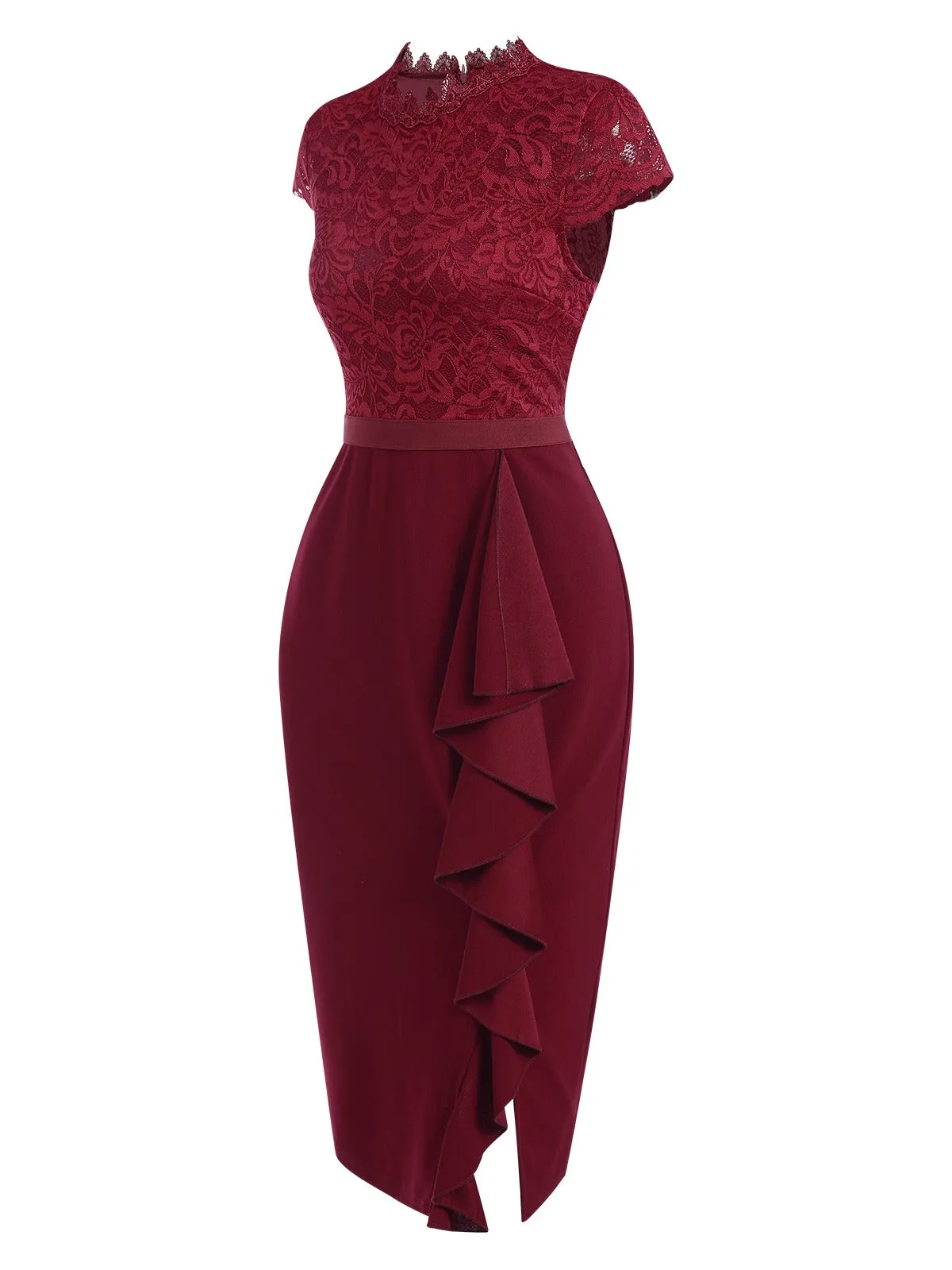 Wine Red 1960s Lace Patchwork Pencil Dress sold by Retro Stage product image thumbnail 3