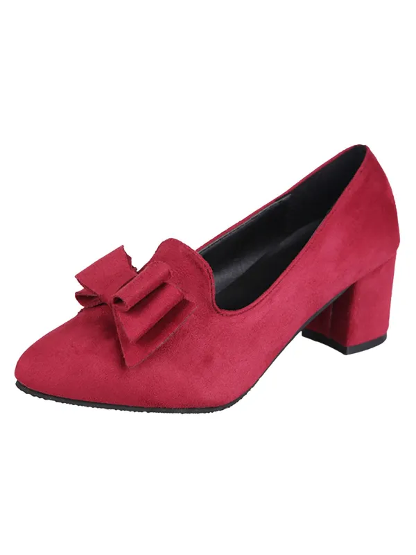 Wine Red Solid Bowknot Flannelette Heels sold by Retro Stage