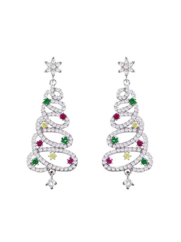 Silver Christmas Tree Colored Rhinestoned Earrings sold by Retro Stage