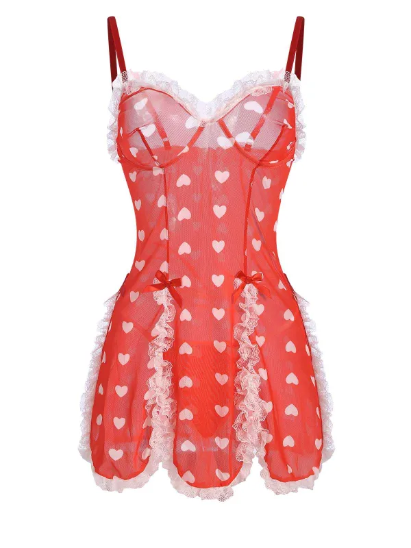 Red 1970s Lace Heart Ruffles Nightgown sold by Retro Stage