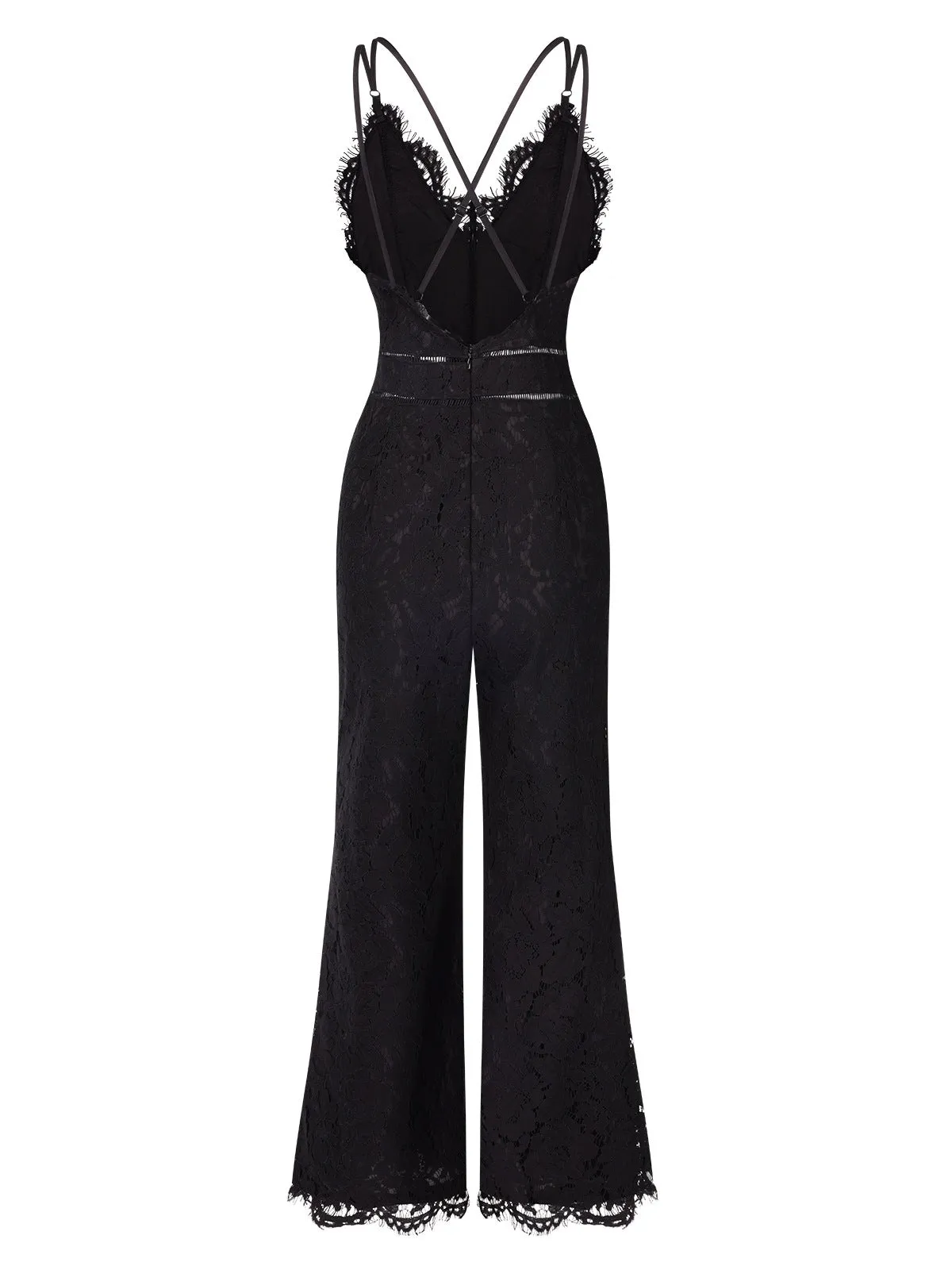 Black 1970s Lace V-Neck Spaghetti Straps Jumpsuit sold by Retro Stage product image thumbnail 2
